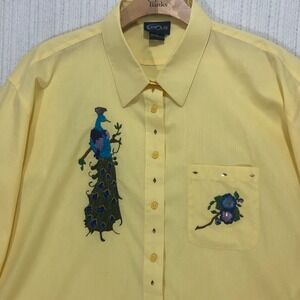 Las Olas Womens 2X Yellow Peacock Embroidered Button Down Shirt Studded